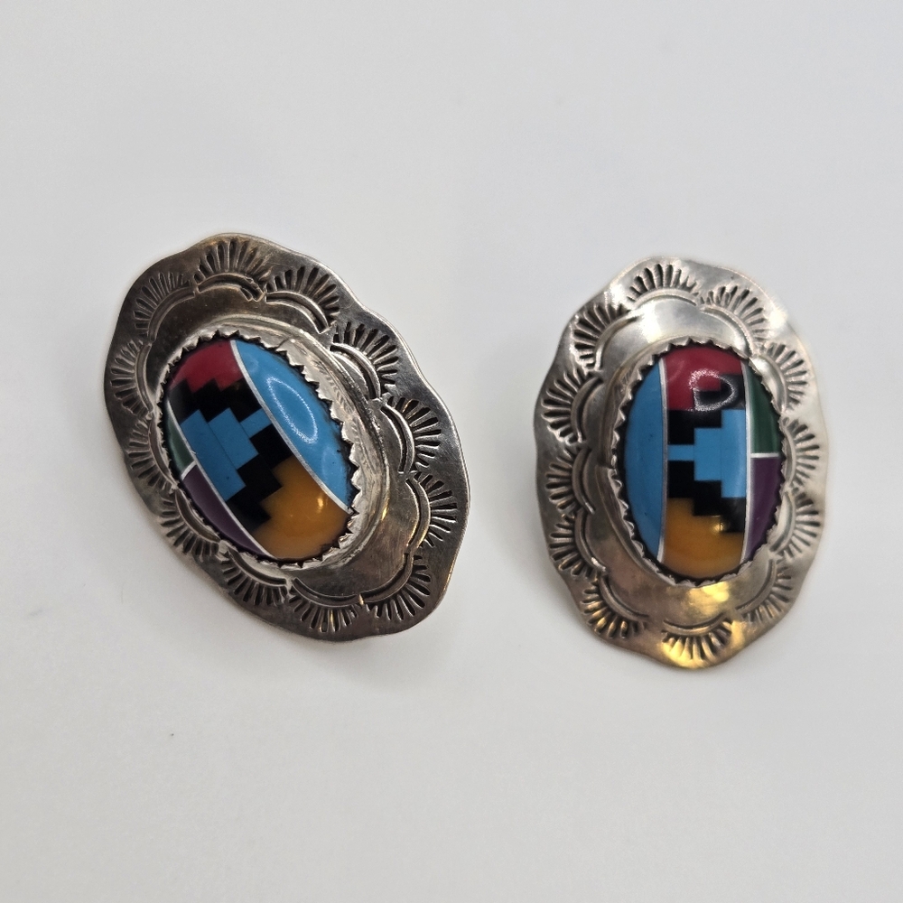 Sterling Silver Inlay Navajo Stud Earrings Richard Begay Native Artist Vintage